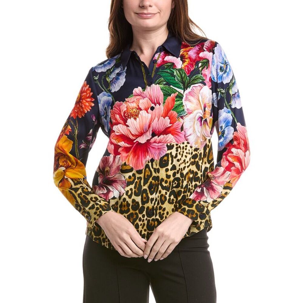 Elie Tahari Womens Printed Silk-Blend Blouse, Yellow